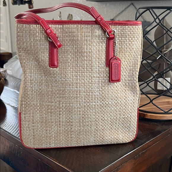 Coach Handbags - Coach Red and Tan Woven Tote Bag